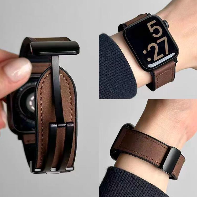 Black Leather Silicone Magnet Lock Straps For Apple Watch 42.44.45.46.49mm