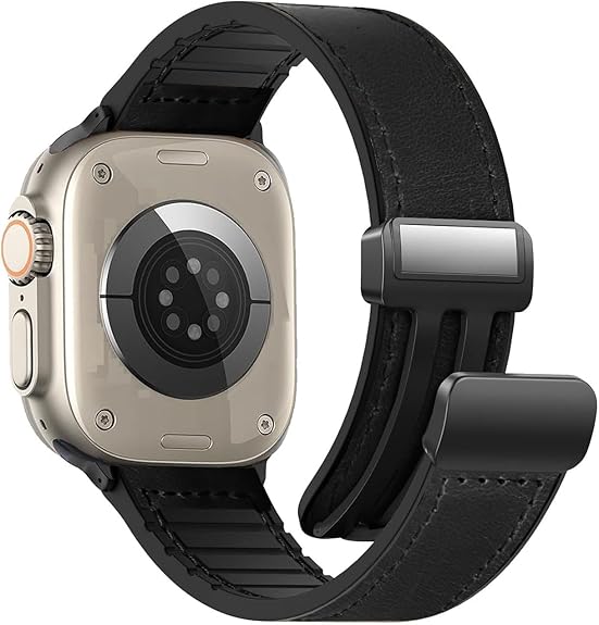 Black Leather Silicone Magnet Lock Straps For Apple Watch 42.44.45.46.49mm